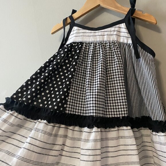 Handmade Children's Cotton Linen Black White Mixed Pattern Tie Strap Dress - Picture 10 of 13